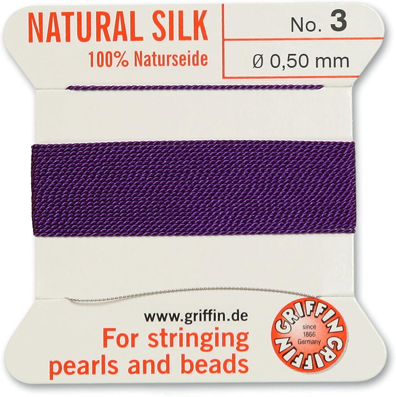 Griffin Silk Bead Cord Perlseide – Size 3 (0.50mm) – 2 Meters per Card – Stainless Steel Needle Attached – for Knotting Pearls, Gemstones, Crystals and Beads